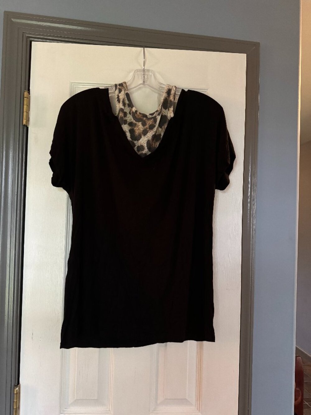 Womens Celeste Size M Open Shoulder Solid Color Layered Top Leopard Under Layer